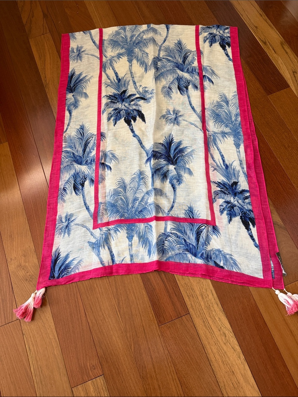 Tommy Bahama Blue Palm Print Scarf with Pink Border
